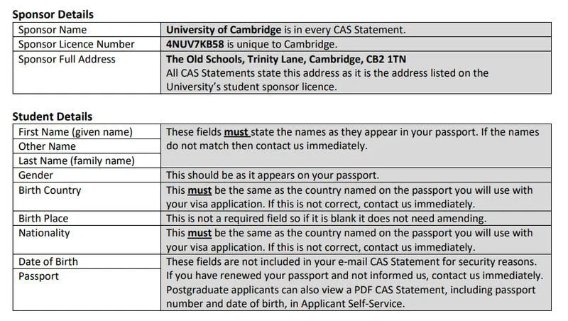 The CAS Statement explanation for foreign students attending Cambridge. Source: University of Cambridge.