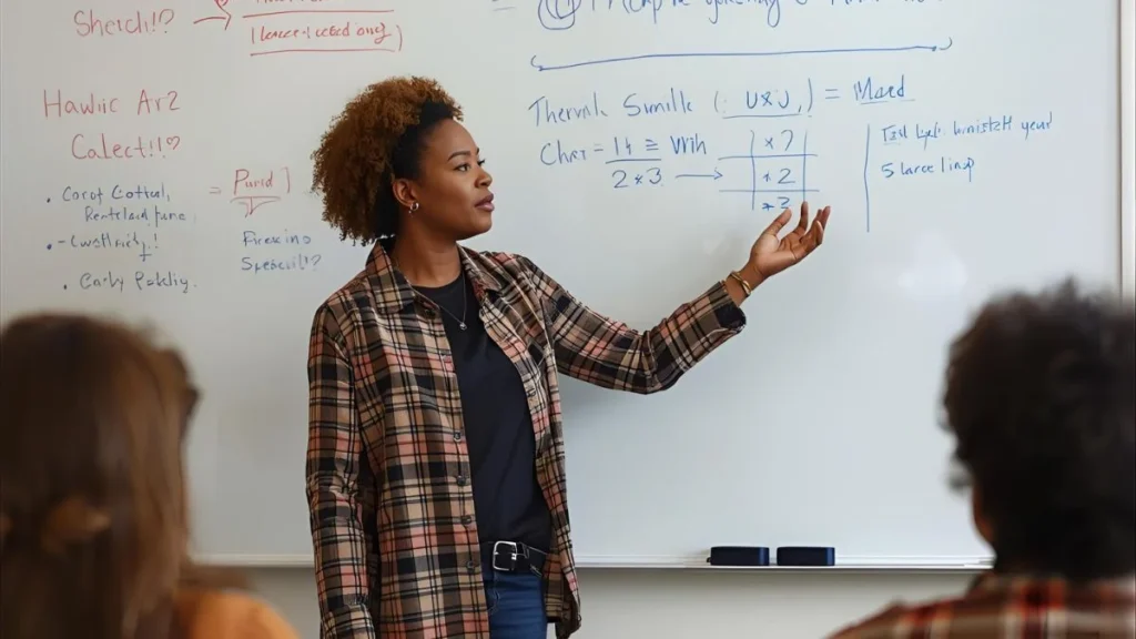 Teacher breaking down PTE strategies on a whiteboard with a simple lesson plan