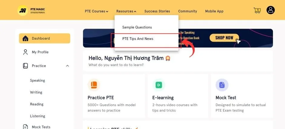 PTE MAGIC mock test status interface showing “Mock 14 - 2 Hours”