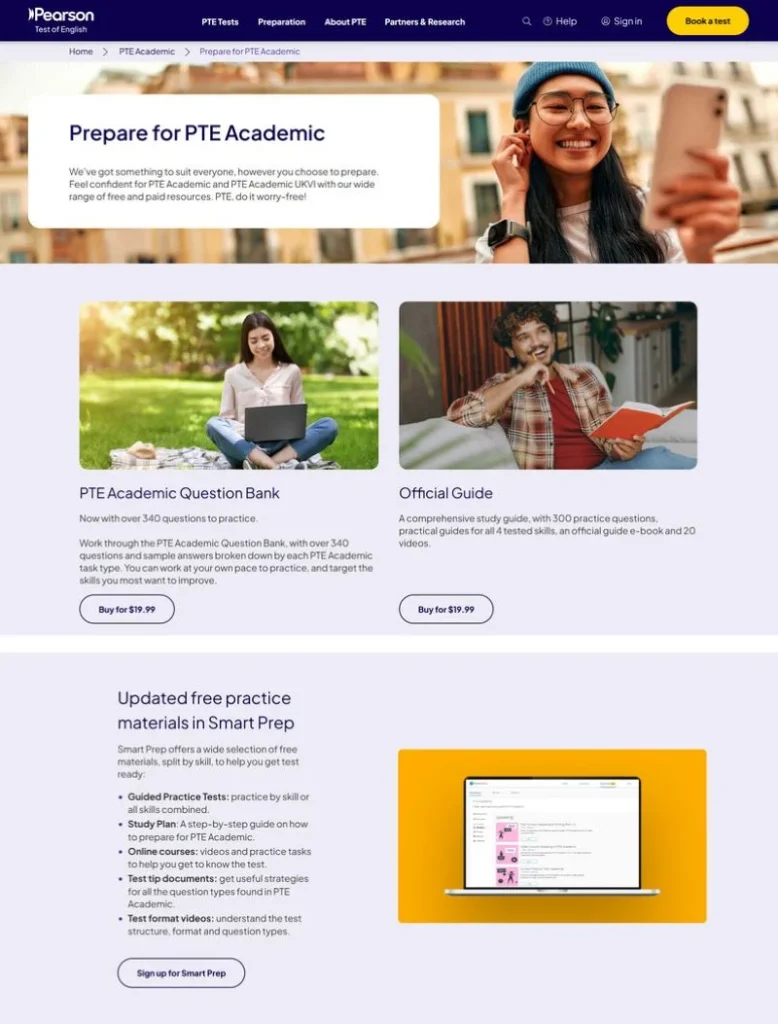 Find the study materials from PTE official website. Source: Pearson PTE