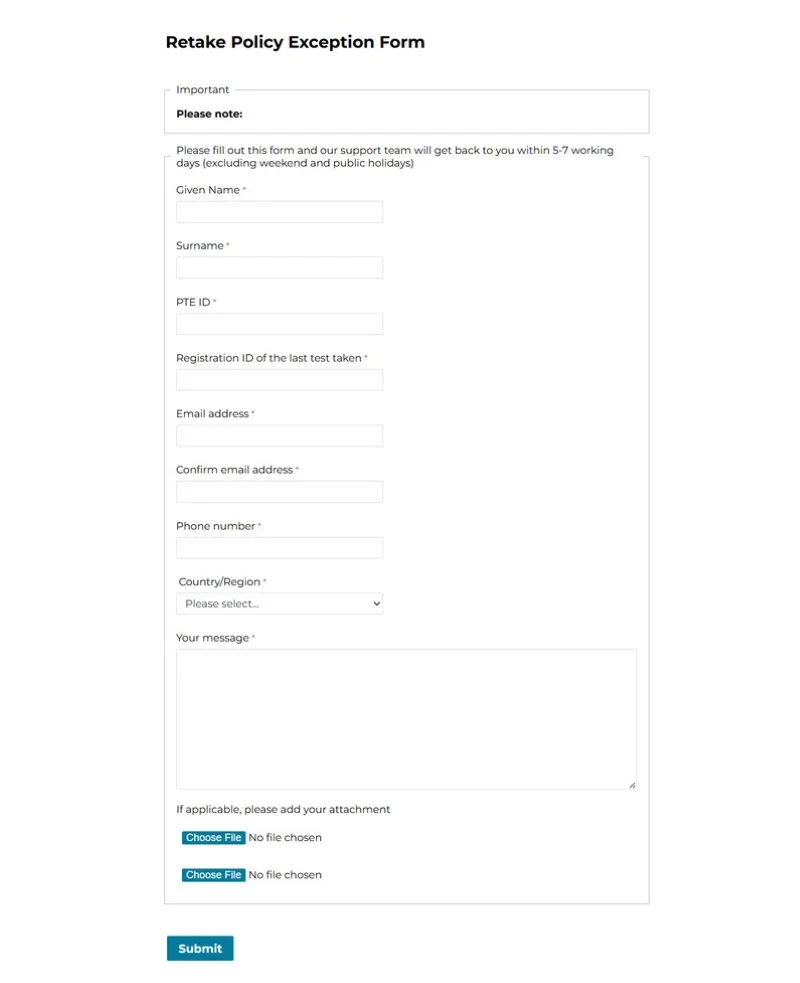 Retake Policy Exception Form. Source: Pearson PTE