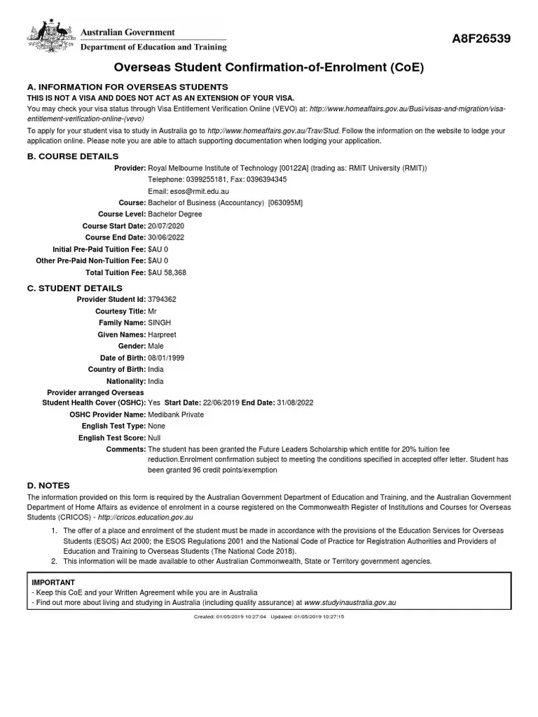 Confirmation of Enrolment (CoE) document from an Australian university
