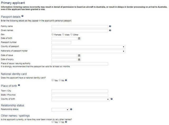 Screenshot of online application for Australia Student Visa (Subclass 500)