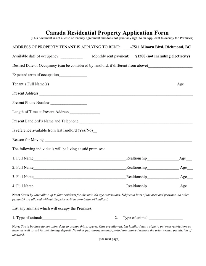 Examples of rental application and tenant forms used in Canada
