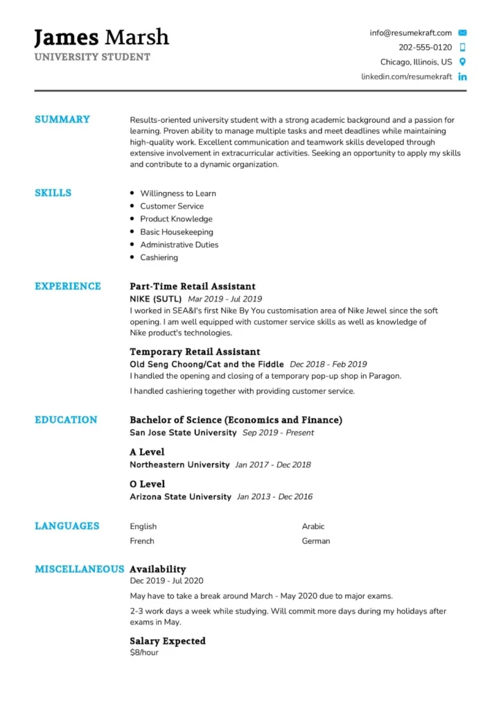 Student resume example highlighting skills and experience for job search