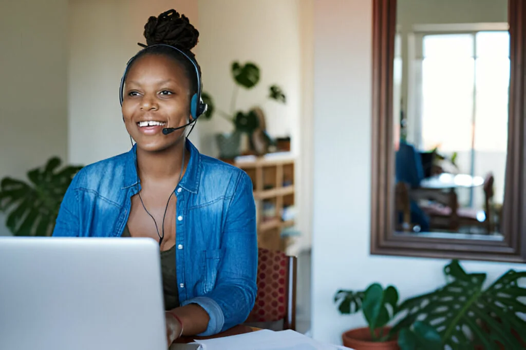 Student with headset working remote part-time job in Canada