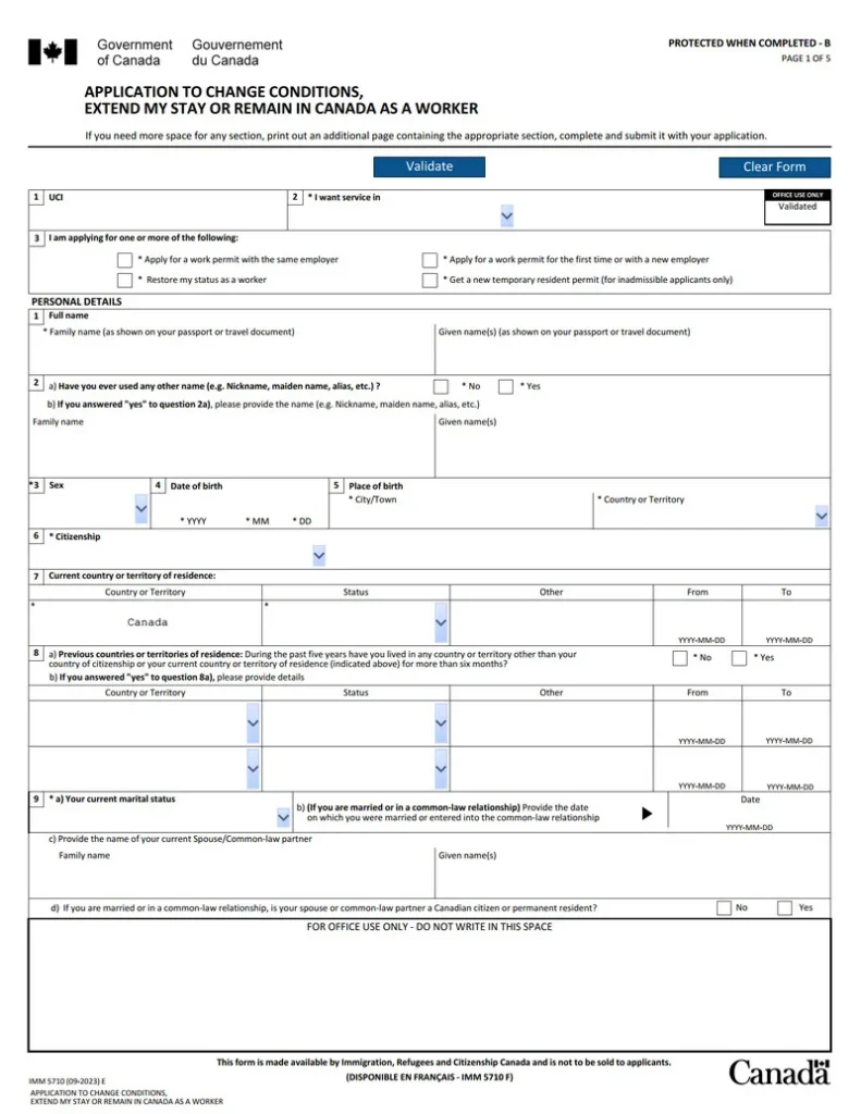 The Application to Change Conditions or Extend Your Stay in Canada (IMM 5710) form