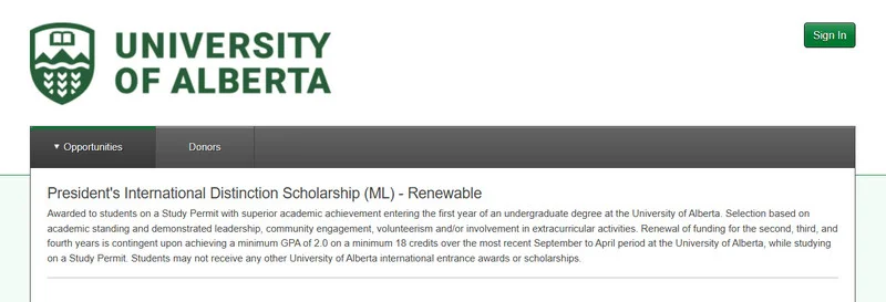 University of Alberta President’s International Distinction Scholarship